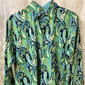 Designer Alan Flusser Vintage Blue Green Yellow Paisley Cotton Shirt Medium